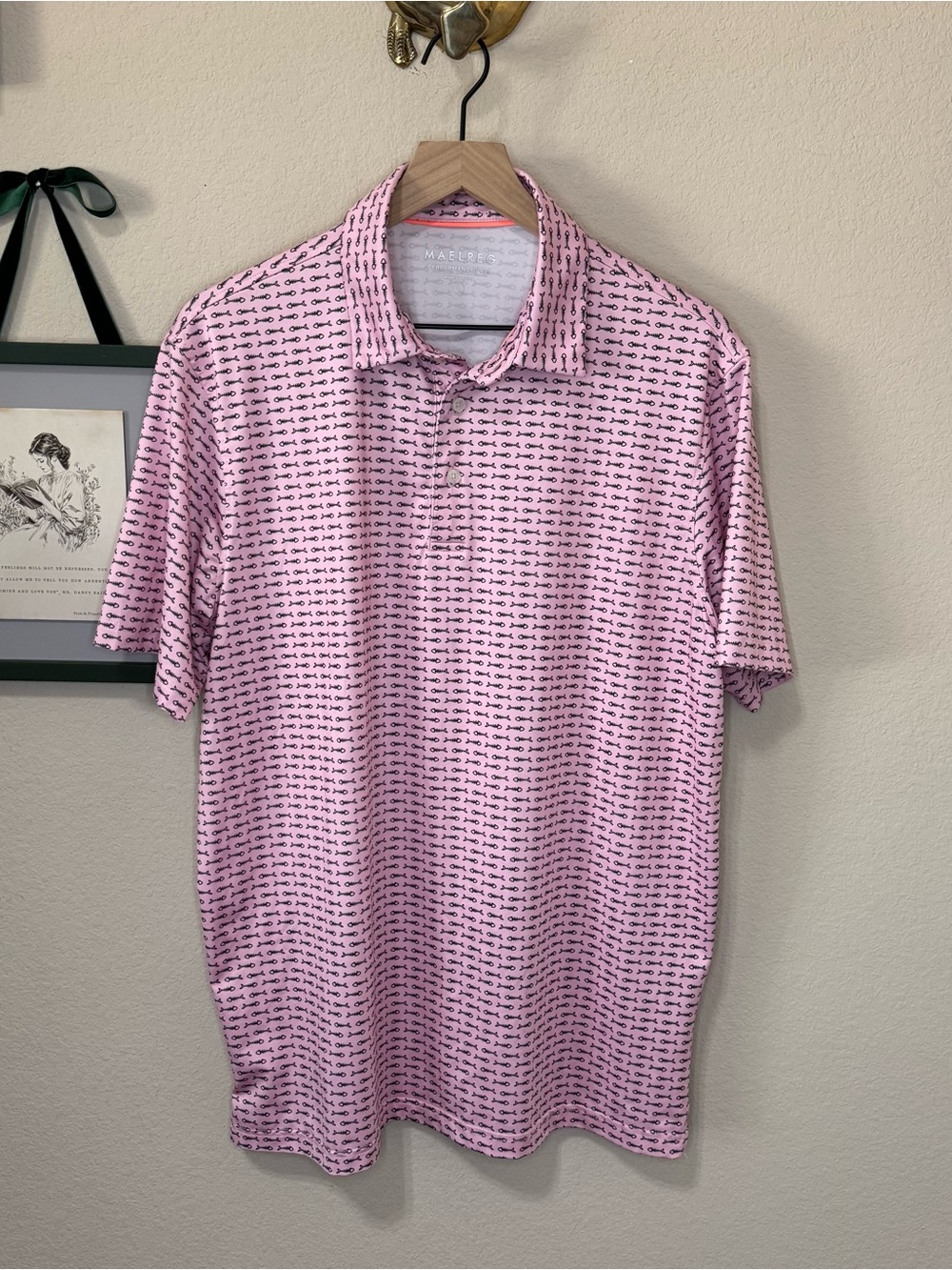 MAELREG | Men's Pink Fish Bone Printed Golf Polo Shirt Size Large